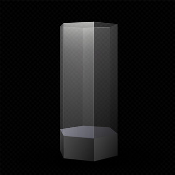 3d glass transparent clear podium on stand, vector exhibition display hexagon box, pedestal with protective plexiglass