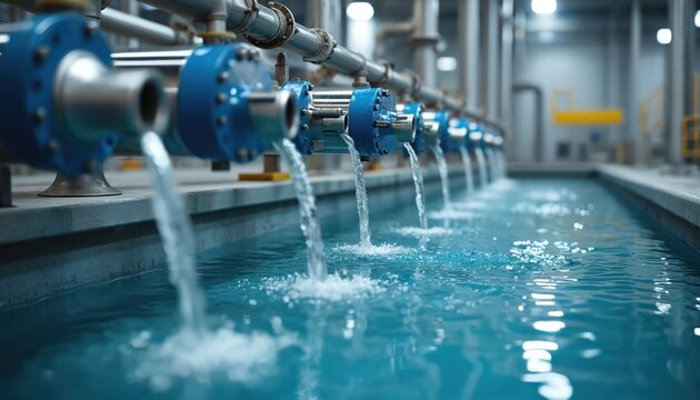 Industrial pipes release clean water into basin. Water purification system uses advanced tech for wastewater treatment. Facility ensures environmental protection and resource management.