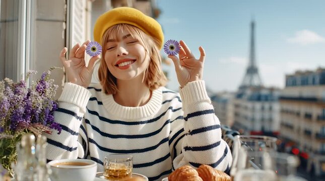 Young woman enjoys a charming morning coffee and croissant breakfast on a Paris balcony with flowers and the Eiffel Tower