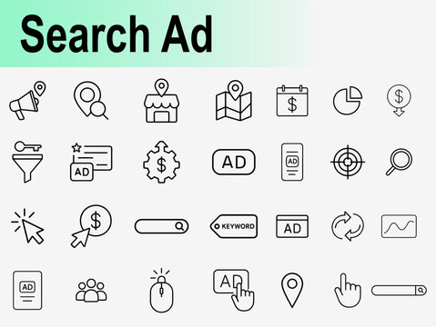 Search ad and digital marketing icon set, thin line symbols for pay per click advertising seo strategy keyword research and online promotion vector illustration