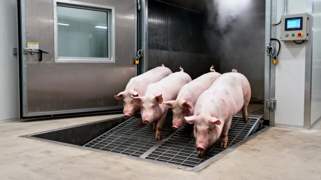 Medium shot of an enclosed CO2 stunning chamber with a pit system showing the swine batch process in a secure controlled environment for humane handling.