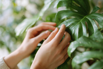 Fototapeta premium A person is touching a leafy plant