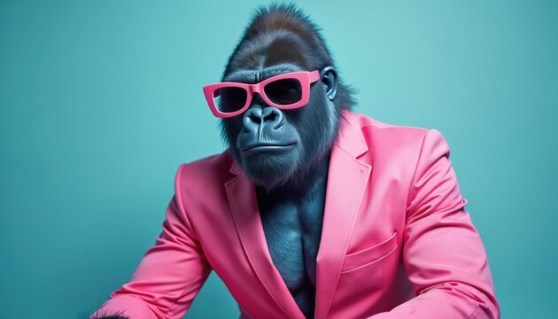 Gorilla in pink suit and sunglasses. Playful primate poses in studio with teal background. Fun, quirky, and modern portraiture. Animal subject with human attire.