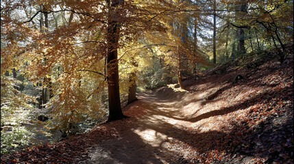 Fototapeta premium narrow. Narrow forest path with autumn leaves and dappled sunlight. representing seasonal cycles and harvest abundance, travel magazines, designed for travel destination branding. 