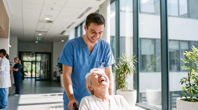 Fr&ouml;hlicher Krankenpfleger schiebt Patient im Rollstuhl