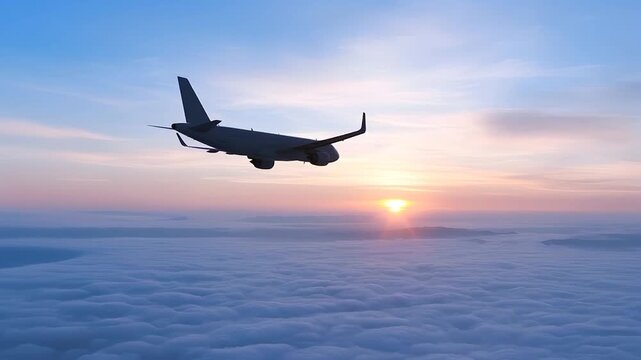 Modern passenger airplane flying in the sky at sunset side view of commercial aircraft cruising above clouds during golden hour travel and aviation business concept for advertising