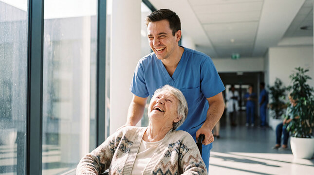 Fr&ouml;hlicher Krankenpfleger schiebt Patient im Rollstuhl