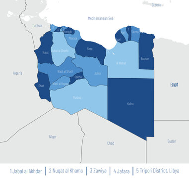 Detailed vector blue map of Libya with administrative division into regions and borders of neighboring North African countries