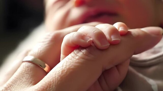 A detailed close-up shows a newborn baby's tiny hand wrapped around an adult's finger wearing a gold wedding band, symbolizing family and commitment.
