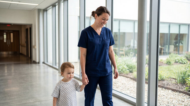 Fr&ouml;hliche Krankenpflegerin Krankenschwester begeleitet Kind im Krankenhaus Klinik