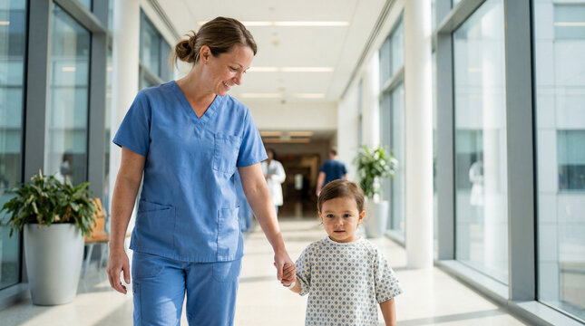 Fr&ouml;hliche Krankenpflegerin Krankenschwester begeleitet Kind im Krankenhaus Klinik