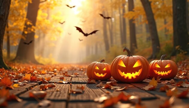 Glowing jack-o-lanterns sit on a wooden path covered in autumn leaves. Bats fly in a foggy forest with warm golden light. Spooky seasonal scene.