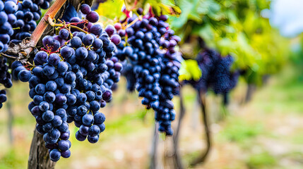 Naklejka premium barbera. Close-up of ripe purple grapes on the vine with a natural sheen. menu design, packaging mockups, designed for food delivery and cloud-kitchen brand materials, used by sports marketers. 