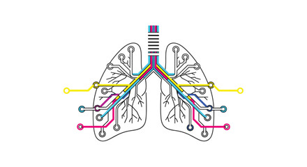 A stylized illustration of lungs resembling a circuit board with colorful interconnected wires and nodes on a white background, Generative AI.