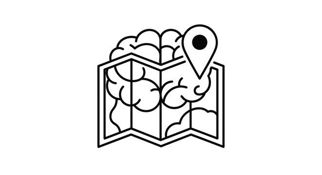 A simplified human brain rests atop a folded map marked with a prominent location pin signifying mental route planning or brain function mapping, Generative AI.
