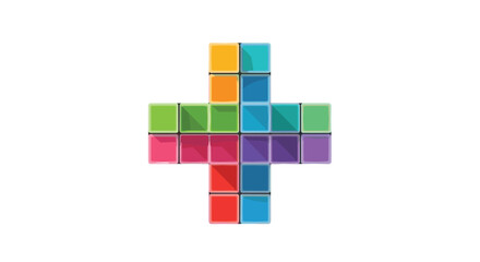 A multi-colored medical cross symbol is constructed from vibrant square blocks featuring shadows on a white background, Generative AI.