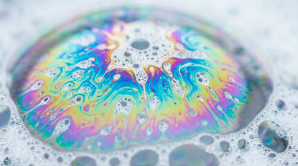 Macro Iridescent Soap Bubble Texture and White Foam Background