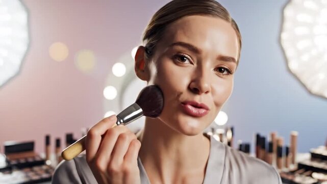 Woman Demonstrates Blending Blush Technique for Achieving a Smooth and Natural Makeup Application