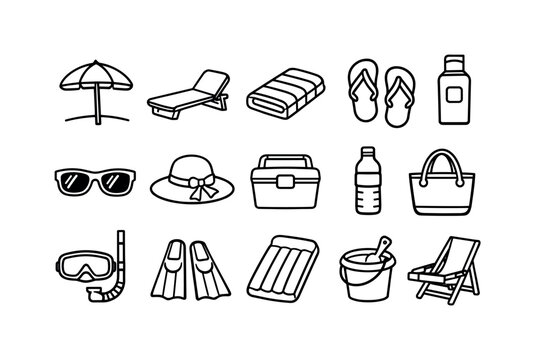 Beach vacation items: beach umbrella, sun lounger, beach towel, flip flop, sunscreen bottle, sunglasses, straw hat, cooler box, water bottle, beach