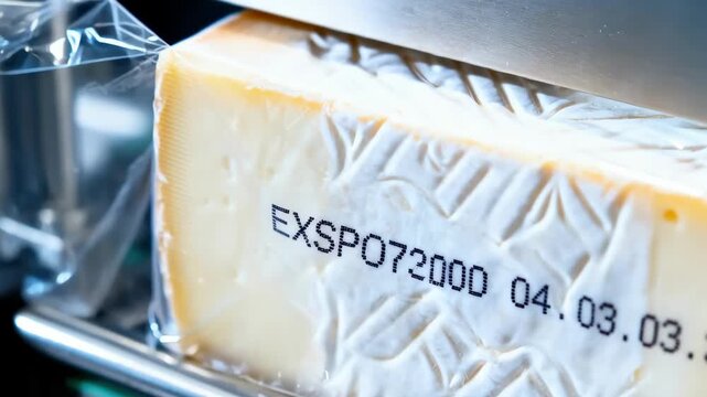 Closeup medium shot of an inkjet coder printing expiration dates directly onto cheese packaging capturing the details of the code in a clean industrial setting.