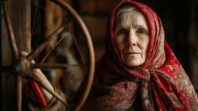 Elderly Woman with Traditional Spinning Wheel
