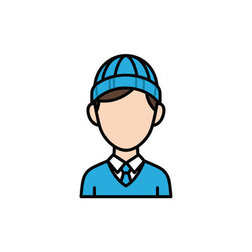 Pixel Art Man Wearing Blue Beanie and Sweater Vest Over White Collared Shirt With Blue Tie