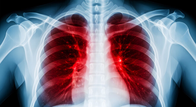 X ray of human lungs showing red inflamed areas and white rib cage image