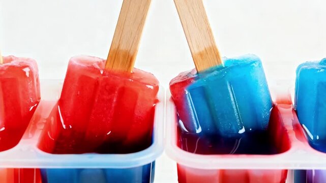 Closeup medium shot capturing twinstick popsicle molds filled with colorful liquid highlighting dual wood sticks being inserted with perfect synchronization.