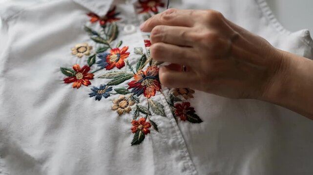 Closeup of skilled hands stitching intricate floral embroidery onto a white shirt front highlighting vibrant threads and delicate patterns in natural light.
