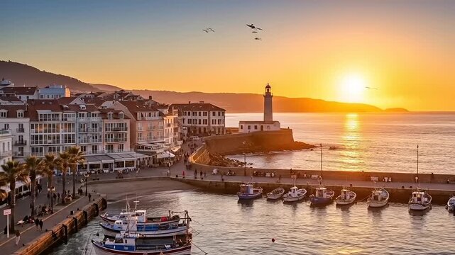 Stunning Sunset Over Coastal Town Harbor with Lighthouse and Boats.