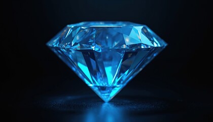 Luminous faceted blue diamond sparkles with intense light. Gemstone sits on dark reflective surface. Luxury precious stone symbolizes wealth, elegance. Clear crystal facet cut reflects vibrant glow.