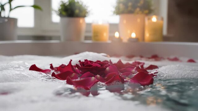 Relaxing Rose Petal Bath with Candles.
