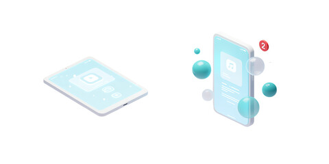 Smartphone and tablet devices with music player apps and floating spheres on transparent background  modern technology and digital media concept transparent background