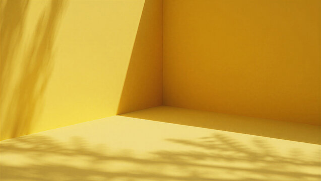 Empty yellow room with dramatic shadow of leaves on the wall and floor.