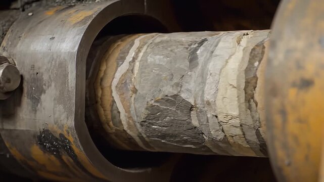 Dynamic close-up slow-motion shot of a industrial rock core drilling machine extracting a geological sample, revealing layered stratigraphy