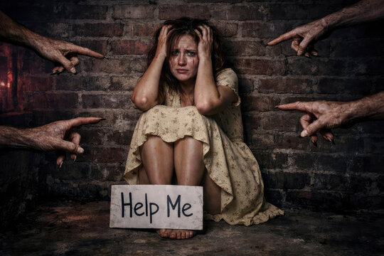 Young woman feeling fear and shame while monster hands point, holding a help me sign on the floor