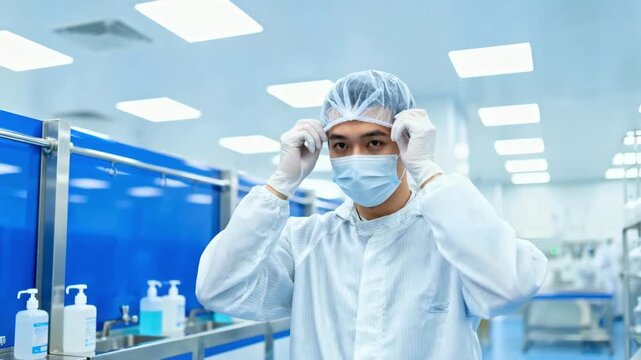 Worker adjusting hairnet in a cleanroom gowning area ensuring proper hygiene protocols are followed before entering the sterile processing zone.