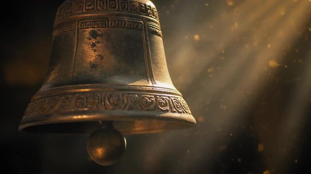 Extreme Close-Up of Ancient Bronze Temple Bell Ghanta with Floating Dust Particles in Dramatic Light Beam