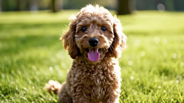 Cute brown puppy sitting peacefully on vibrant green grass