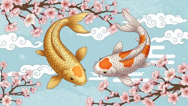 Japanese Koi fish swimming in a pond with cherry blossom branches and traditional patterns on a blue background.