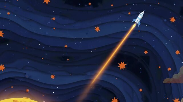 Cartoon rocket launching from a yellow planet into a dark blue, starry space with swirling nebula patterns.
