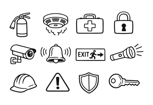 Safety and security hand-drawn outline icons set. Emergency protection doodle collection.