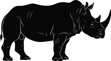 Large black rhinoceros silhouette icon standing side view, wild african rhino animal vector symbol for nature and wildlife conservation design. © Liza