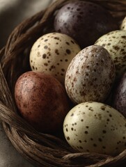 Obraz premium Easter Eggs Sit in a Rustic Basket, Showcasing an Earthy Palette With Intricate Details and Soft Shadows Throughout the Scene