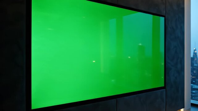 Premium OLED television with green screen on modern penthouse wall. Clean luxury interior creates ideal template for digital media and broadcast presentation