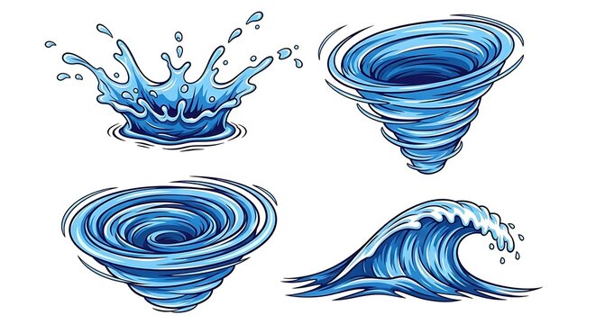 Illustration of water elements isolated on white background, including wave and vortex