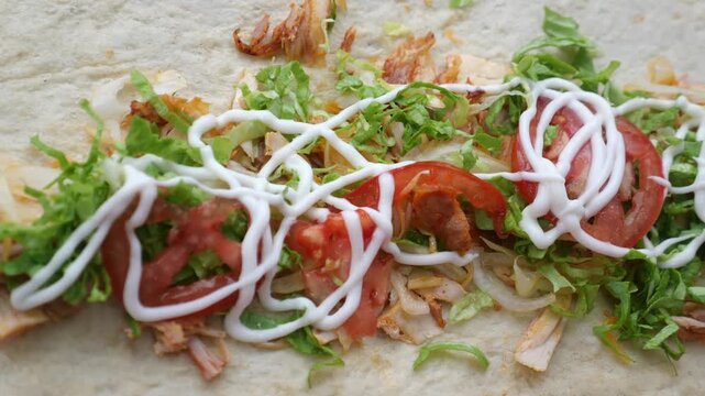 Close up of hands adding sauces to shawarma wrap before rolling it for a delicious meal