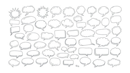 Fototapeta premium Conversation Bubbles Set: A collection of various hand-drawn speech bubbles, perfect for illustrating ideas, thoughts, and conversations. Offering a playful aesthetic for all communication needs.