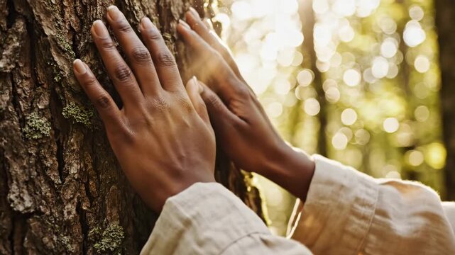 Hands Touching Tree Trunk in Forest.