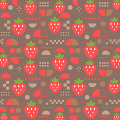 苺と幾何学モチーフのシームレスパターン（ブラウン）：苺と半円やドットなどの幾何学モチーフを組み合わせた、ブラウン基調のシームレスパターン。チョコレートや焼き菓子パッケージ、バレンタイン販促、秋柄デザインに最適。100均雑貨、デザインペーパー、ポストカード、マスキングテープ、マスキングシールブックタイプ、フレークシール、ノートの表紙にも使いやすい背景素材。